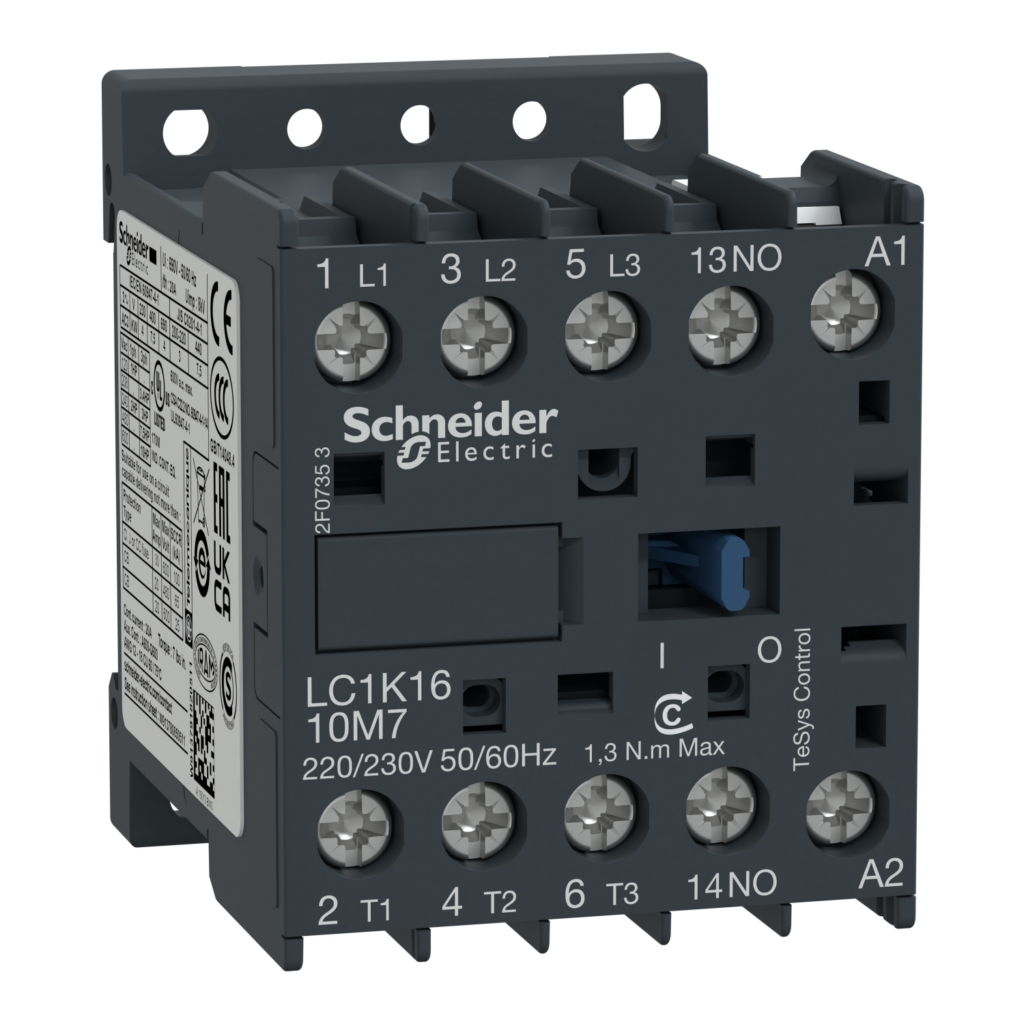 LC1K1610M7 Schneider Electric KSA TeSys K Contactor, TeSys K, 3P, AC-3/AC-3e,440V 16A, aux. 1NO, 220...230V AC coil, screw clamp terminals