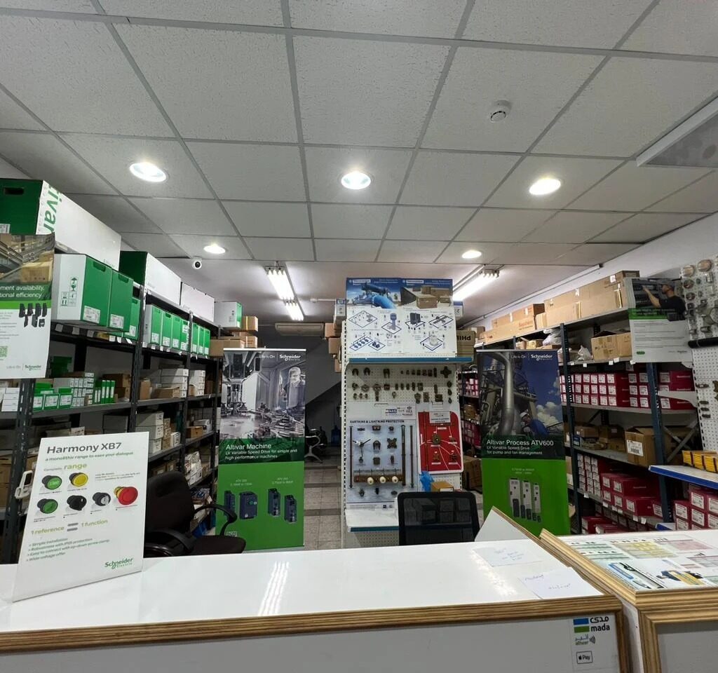 Sales counter and shelves at the Al Barq United store in Jeddah