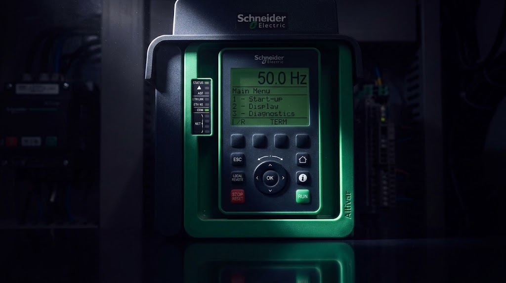 ATV630 keypad showing 50 Hz inside a control panel