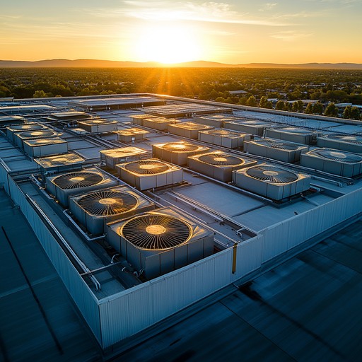 Rooftop HVAC chillers at dusk